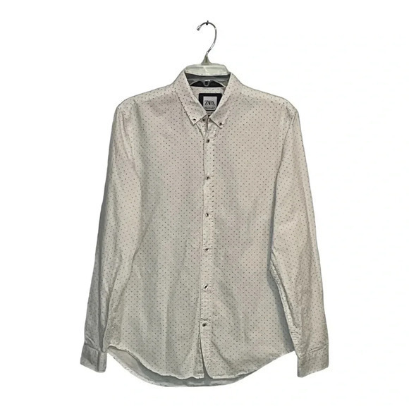 ZARA MEN'S BUTTON DOWN SHIRT WHITE WITH POLKA DOTS SLIM FIT‎ SIZE LARGE - Picture 1 of 8